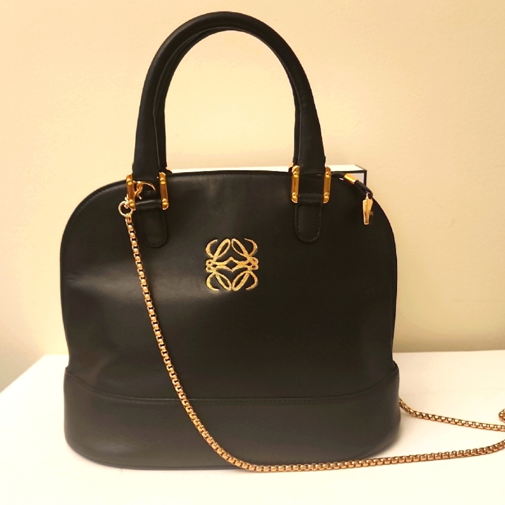 Loewe Anagram Calfskin Leather Dome Zip Bag Top Handle Black Gold